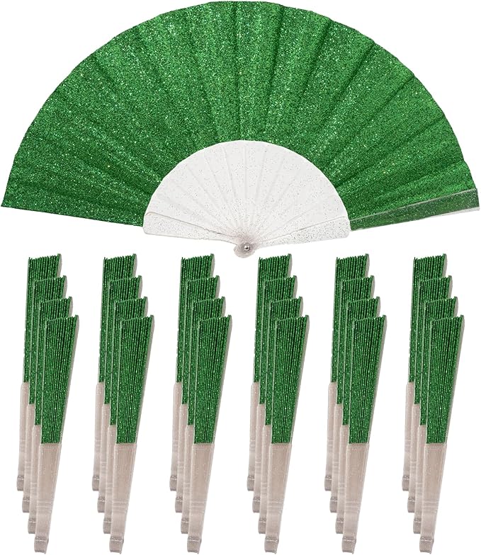 24 Pack Handheld Fan,Folding Hand Glitter Fan with Shining Transparent Fan Rib – Ideal for Wedding, Church, Festival, Dance, Tea Party, Club, and EDM Accessories, Light Green