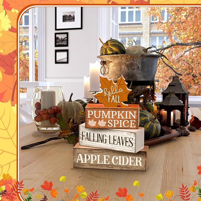 4 Pcs Fall Decor Wooden Maple Leaf Decoration Thanksgiving Tiered Tray Decor Rustic Wooden Maple Leaf Block Sign Thanksgiving Table Centerpiece Farmhouse for Autumn Harvest Party Home Kitchen