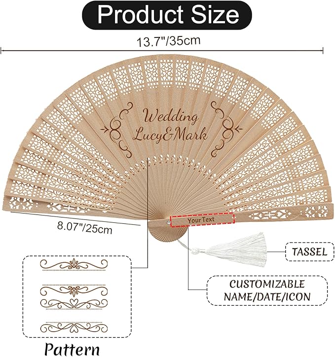Personalized Wedding Fans for Guests Custom Wooden Folding Handheld Fans Bulk with Organza Bags Tassels for Wedding Graduation Party (50)
