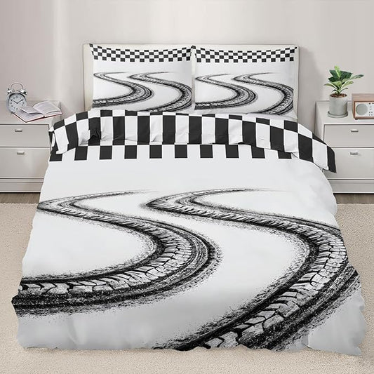 Racing Tire Track Duvet Cover Full Size Black White Checkered Flag Bedding Set Motorsport Checkered Flag Comforter Set Sporty Motorsport Duvet Cover Soft Microfiber for Bedroom