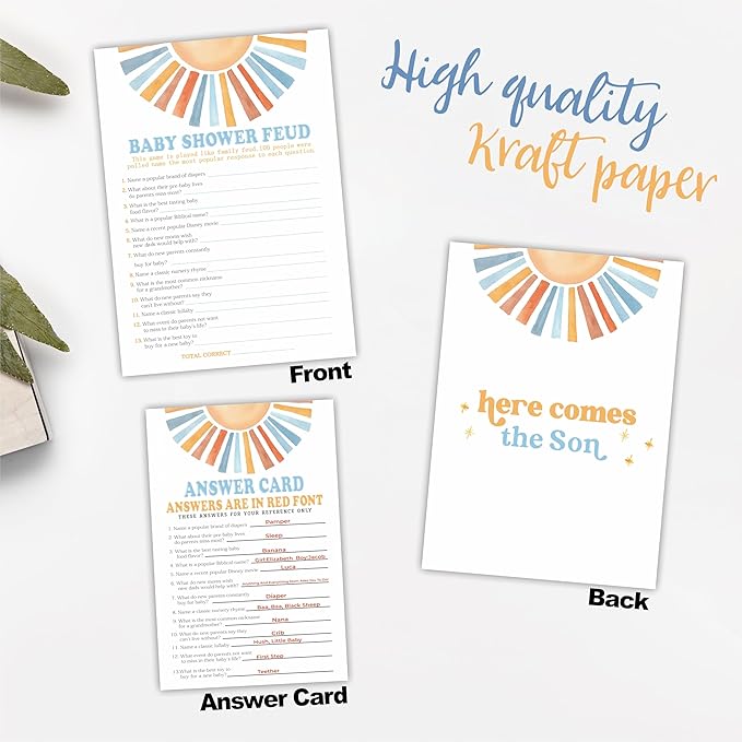 Retro Sunshine Baby Shower Feud Game Kit - Here Comes The Sun - 30 Double-Sided Game Cards & 1 Answer Card for Baby Shower, Gender Reveal Party Favor, Activity & Supplies - D06
