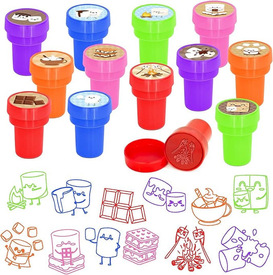 Cinrobiye 24 Pcs Marshmallow Stampers，Cute Smore Camper Party Self-Inking Stamps for Adventure Camping Birthday Party Favors Goodie Bags Crafts Supplies School Rewards Holiday Activities
