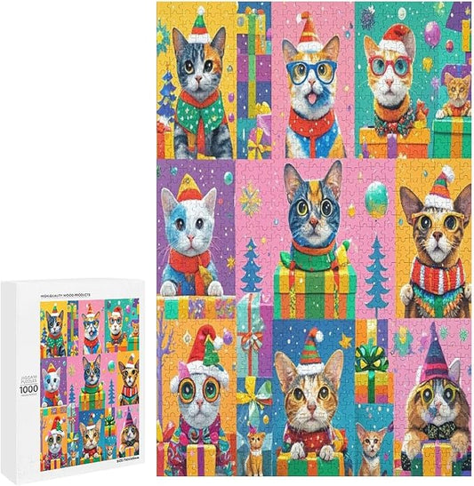 Wooden Puzzle 1000 Pieces Adult - Christmas Dog Cat Puzzle Christmas Puzzles, Holiday Puzzles, Family Toys, Party Games, Jigsaw Puzzle Challenge and Funny