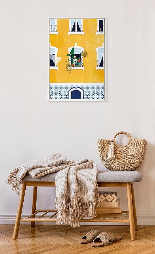 Kate and Laurel Sylvie Lisbon Framed Canvas Wall Art by Maja Tomljanovic; 23x33 White; Contemporary City Balcony Architecture Art for Wall