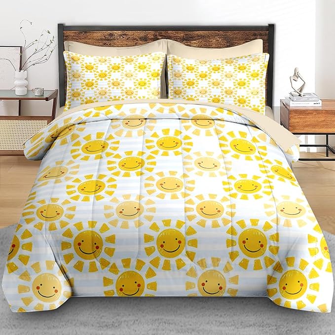 Comforter Set Twin Size, Cute Sunshine Sun 5 Pcs Bedding for Kids and Adults, Beach Summer Happy Bed Sheet Sets with Fitted Sheet Pillowcase & Sham for Bedroom Bed Decor