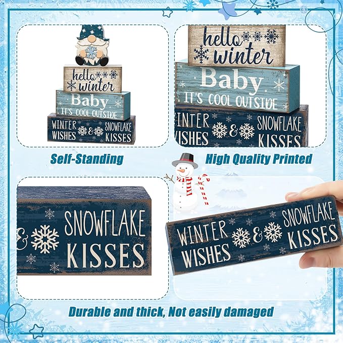 4 Pcs Winter Table Decorations Blue and White Gnome Snowflake Decor Winter Tiered Tray Decor Christmas Centerpiece for Tables Wooden Decorative Gnome Signs Gifts for Kitchen Office Home