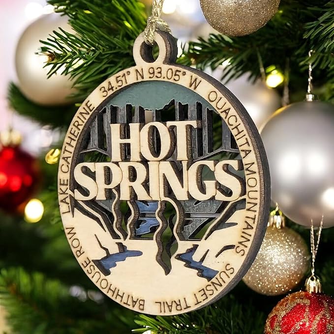 Hot Springs National Park Wood Ornament - Artisan-Made 3" Round, Laser-Engraved Scene with Natural Wood & Full Color Layers