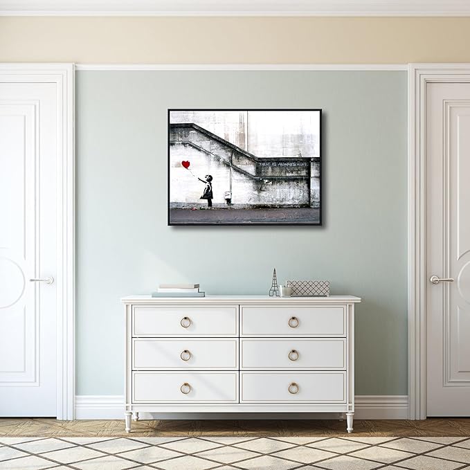 Wieco Art Framed Canvas Wall Art Giclee Canvas Prints of Banksy Grafitti Girl with Red Balloon Abstract Artwork for Wall Decor Home Decorations Black Frame BANKSY-1-6080-BF