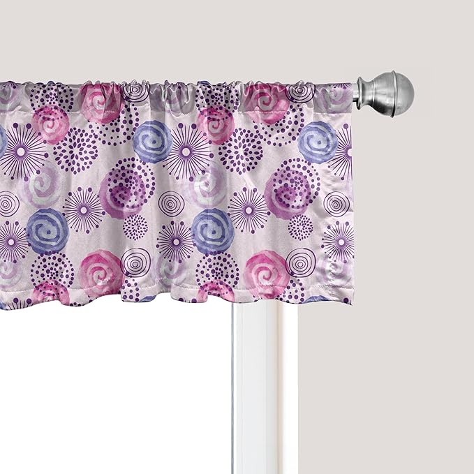 Ambesonne Purple Window Valance Pack of 2, Watercolor Style Floral Fireworks Blooming Flowers Abstract Spiral Doodle Spots Art, Rod Pocket Curtain Valances for Kitchen Bedroom, 54" X 12", Blue Pink