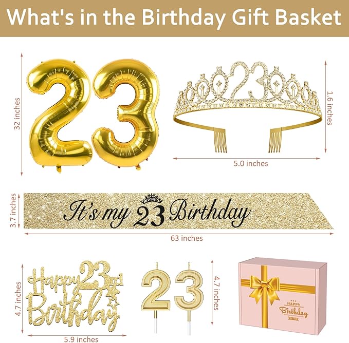 23rd Birthday Decorations for Women Gold Set with 23rd Birthday Tiara and Sash, Cake Topper and Number Candles , Balloons, 23 Year Old Gifts for Women