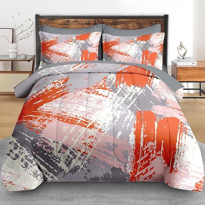 Comforter Set Full Size, Urban Graffiti Orange Grey 7 Pcs Bedding for Kids and Adults, Abstract Paint Line Bed Sheet Sets with Fitted Sheet 2 Pillowcase & 2 Sham for Bedroom Bed Decor