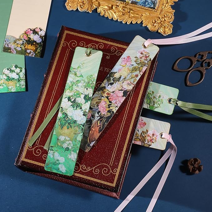 2Pcs Oil Painting Bookmarks for Women, Bookmarks Set for Book Lover, Book Marks for Reading, Vintage Book Marks for Kids Students Classroom Gift for Teacher Pink Roses & Roses