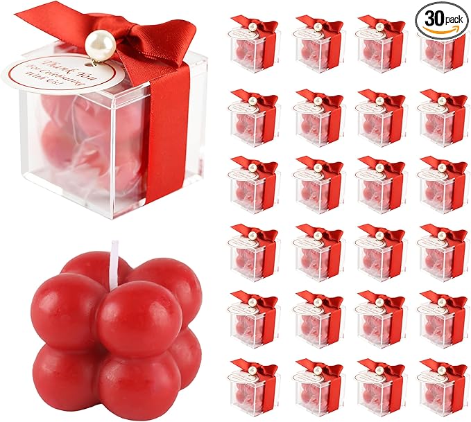 ACITHGL 30 Sets Small Bubble Candle Wedding Candles Favors for Guests Bulk Bridal Shower Favors Candles with Stylish Ribbons Thank You Cards Gifts (Shimmering Red)