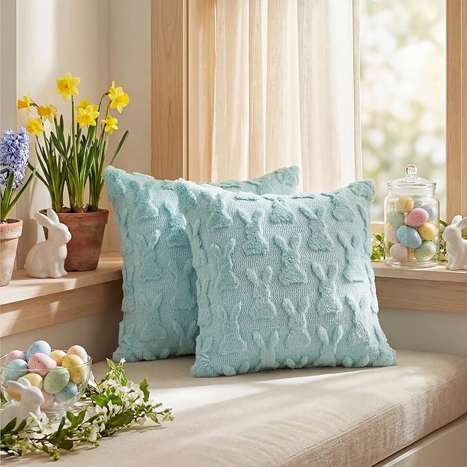 AVOIN colorlife Easter Rabbits Blue Throw Pillow Covers, 18 x 18 Inch Bunny Soft Plush Faux Fur Jacquard Cushion Case Decoration for Sofa Couch Set of 2