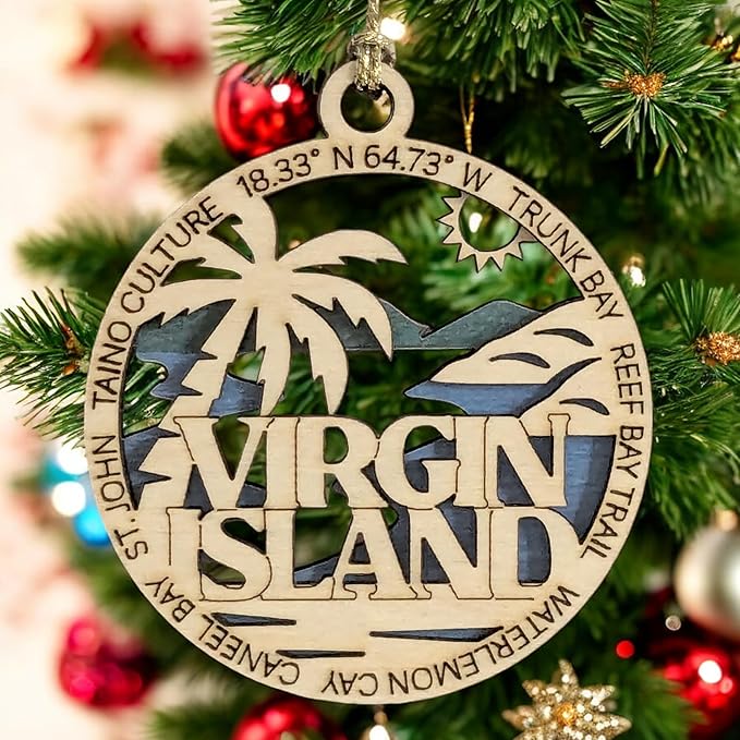 Virgin Islands National Park Handcrafted Ornament - 3" Wood Laser Cut St. John Scene - Trunk Bay, Reef Bay Trail, Watermelon Cay - USA Made Christmas Decor