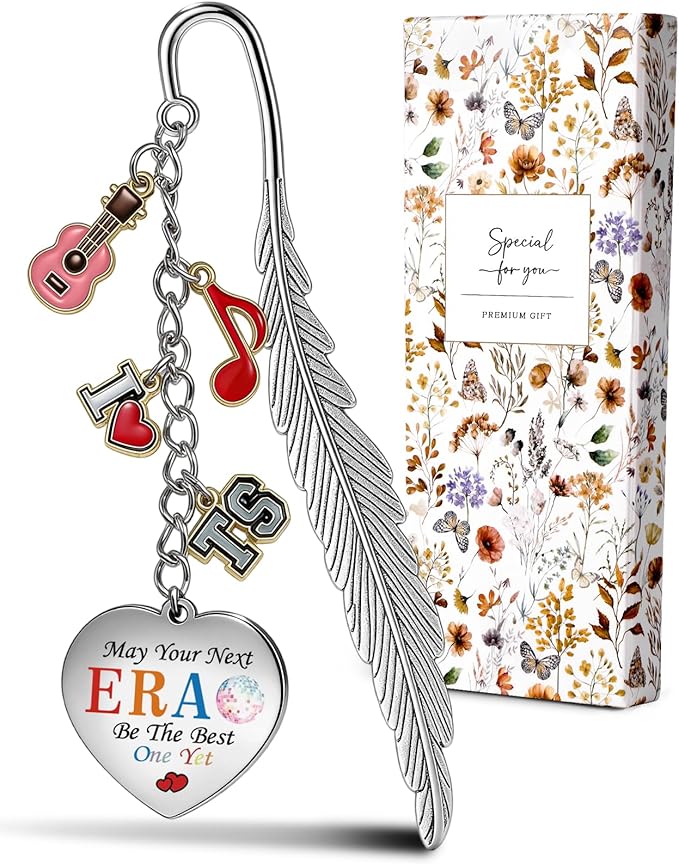 Buleens Bookmarks for Women Reading - Book Marks for Readers Book Lovers, Feather Music Guitar Red Personalized Metal Bookmark with Pendants, Pretty and Aesthetic Book Accessories Reading Gifts