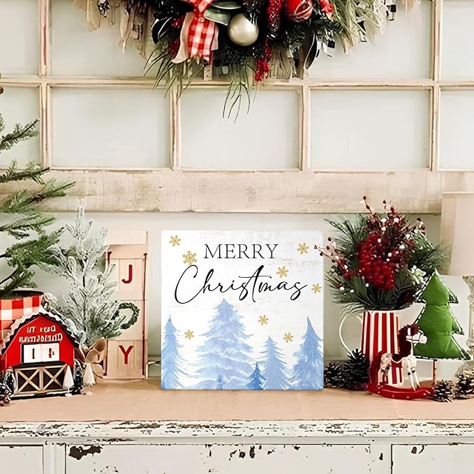 Mtrgdn Blue Christmas Decor Wooden Box Sign,Rustic Merry Christmas Sign for Bedroom Bathroom Home Office Desk Shelf Wall Decor,Blue Xmas Tree Decorations Gifts for Women Girls,5x5 Inch