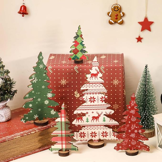 5 Pcs Wooden Christmas Tree Tabletop Decorations, Small Christmas Tree Set for Table Mantel Shelf Office Decor, Xmas Tiered Tray Decor, Xmas Tabletop Decoration