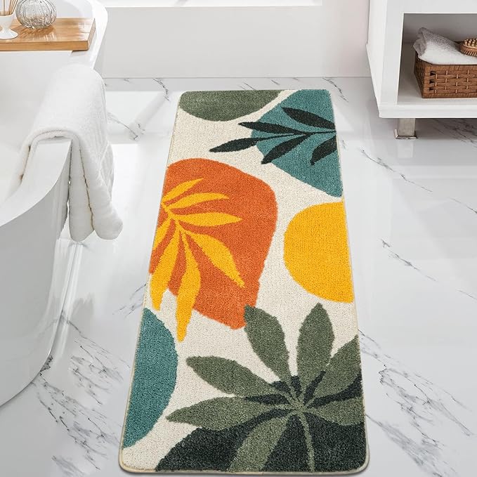 Uphome Bathroom Runner Rug Colorful Abstract Leaves Long Bath Mat Non Slip Water Absorbent Boho Bath Rug Soft Microfiber Machine Washable Floor Mats for Bath Tub Shower Sink, 20x59 inch