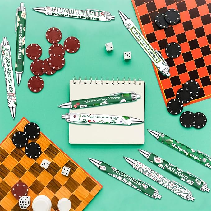 Idealmuzik Mahjong Theme Ballpoint Pens Set of 10 – Classic Tile Inspired Design with Smooth Black Ink – Fun Writing Pens for Office, Home, Game Night Gifts, Party Favors, and Everyday Use