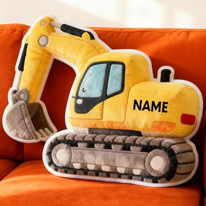 Personalized Excavator Shaped Pillow, Custom Name Plush Stuffed Pillows, Suitable for Beds, Sofas, Bedrooms, Living Rooms Custom Decorative Cushion Gifts for Birthday and Anniversary