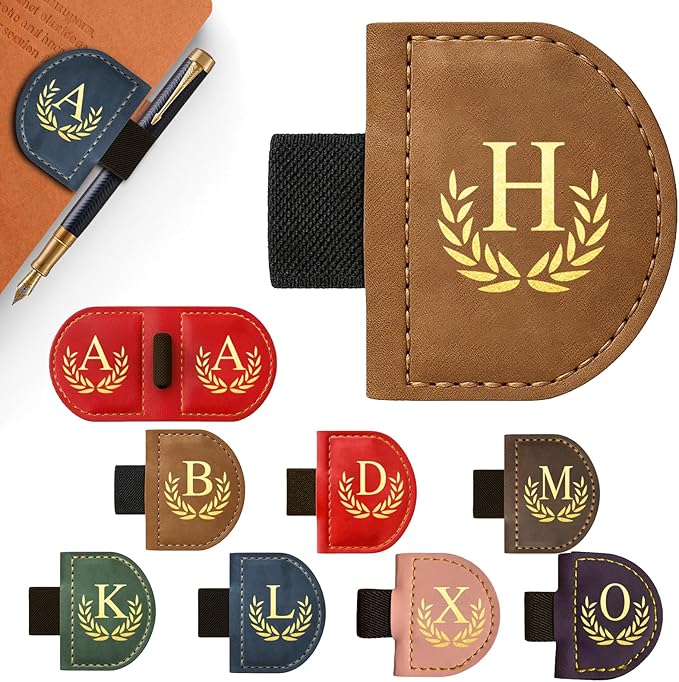 Personalized Leather Magnetic Bookmark with Pen Holder, Custom Bygone Mark Bookmark with Pen Holder, Custom Bookmarks with 26 Letters for Reading Women, Men, Teachers, Book Lovers（Brown，H）