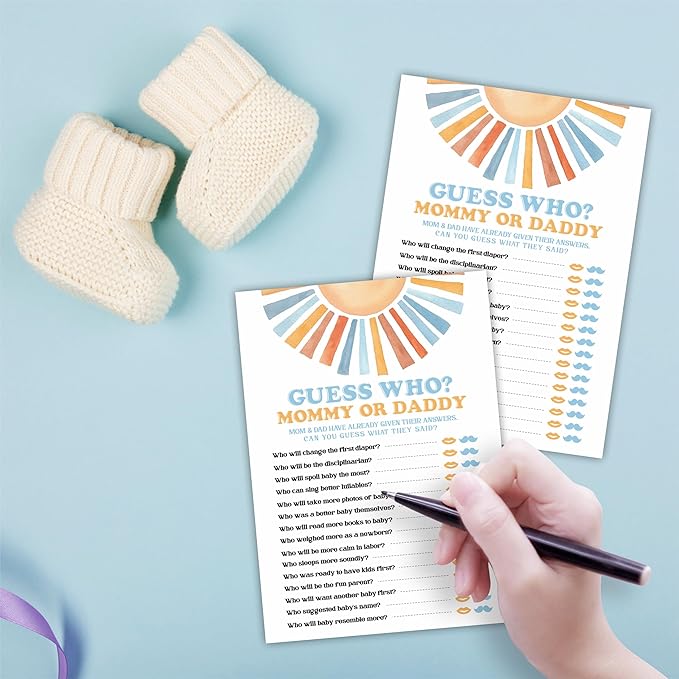 Sunshine Guess Who Baby Shower Game Kit - Retro Here Comes The Sun - 30 Double-Sided Fill In Game Cards For Baby Shower, Gender Reveal Party Favor, Activity & Supplies - D04