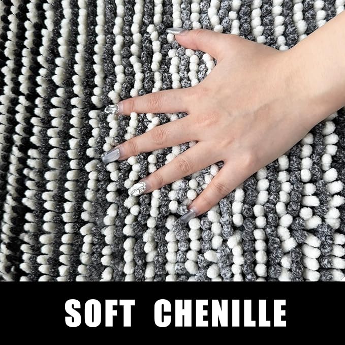 HDFK Bath Mat & Bathroom Rug - Extra Large Chenille Shower Carpet, Quick-Dry Non-Slip with Hot Melt Adhesive Base, Machine Washable Medium-Height Striped for Bathtub Floor (32x20 Inch, Black & White)