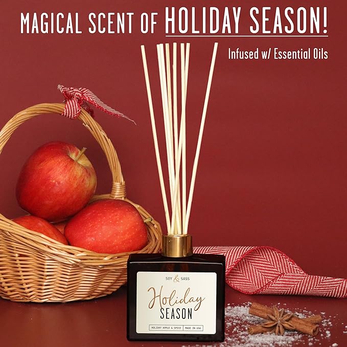 Holiday Diffuser, Holiday Reed Diffusers for Home Christmas Décor - w/Apple & Spice I Infused w/Essential Oils I 3.75 OZ Oil I Long-Lasting Scent Lasts 4-6 Month's I Made in The USA