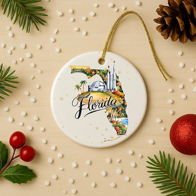 USA State Landmark Ceramic Ornament – Round Glossy Christmas Decoration Featuring U.S. State Art, Landmarks & Holiday Scenery – Collectible Travel Souvenir Ornament Series (Florida)