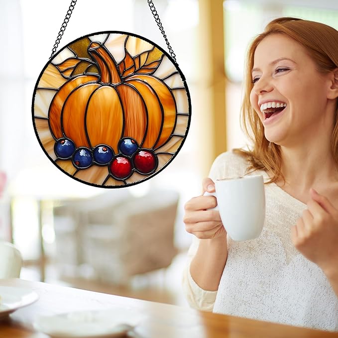 Stained Glass Window Hanging Fall Pumpkin Berries 9.8" - Suncatcher Door Garden Kitchen Sunroom Sun Catcher Autumn Home Decor Birthday for Mom Grandma Men Woman