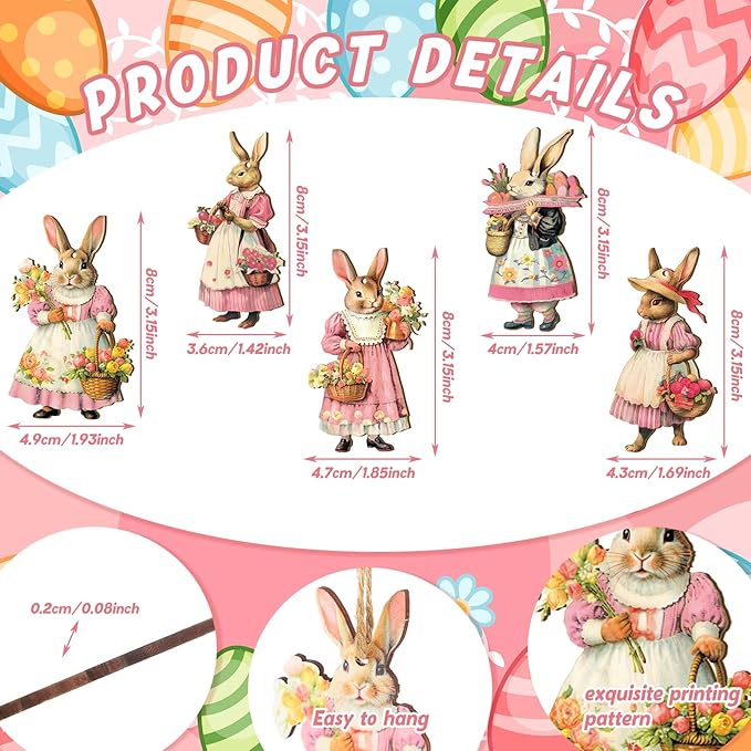 Yookeer 36 Pcs Easter Wooden Ornaments Vintage Bunny Egg Hanging Decorations Pink Rabbit Flower Wood Cutouts Farmhouse Spring Ornaments with Rope for Tree Home Party Decor