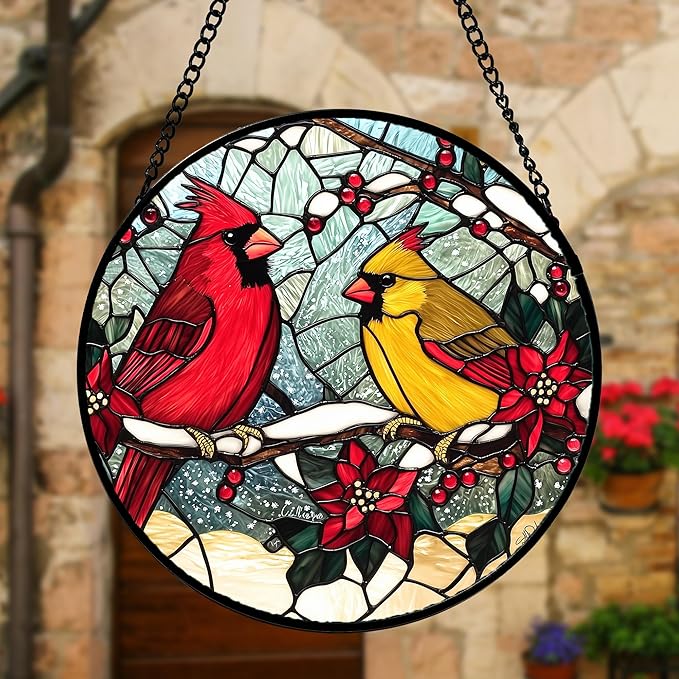 Stained Glass Window Hanging, Love Birds Cardinals Sun Catchers Colorful Glass Panel Birds Suncatcher Decor for Birthday for Women, Men, Wife, Lovers, and Mom 9.8 in