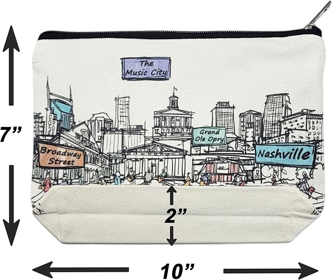 Cities Around the World Artwork Cosmetic Bag Series – Designed in USA, Travel Makeup Bag with Zipper, Souvenir Gift for Women, Artwork Organizer for Purse or Toiletry (Nashville)