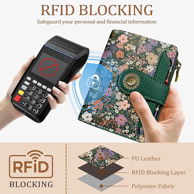 Floral Flowers Small Wallet Women RFID Blocking Bifold, Credit Card Holder, Zipper Coin Pocket, PU Leather, Compact, Travel, 4 ID Window, 14 Card Slots, Cash Purse, Ladies Woman Female Girls