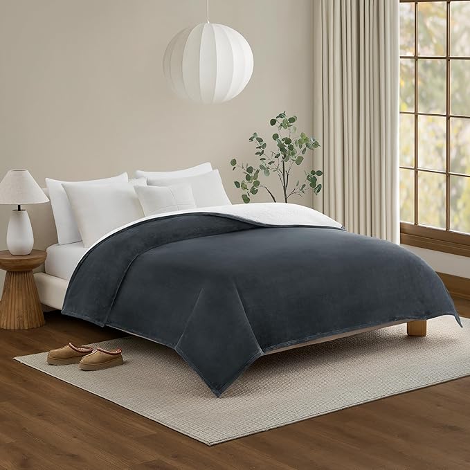 UGG Nita Full/Queen Blanket Fleece Fluffy Reversible Soft Fuzzy Bedding Cozy Plush Warm Oversized Blanket Machine Washable Bedroom Decor for Big Couch or Bed, 90-inch x 90-inch, Charcoal Grey
