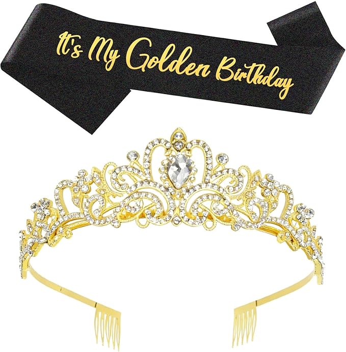 2Pcs Golden Crown Birthday Party Sash Decoration, Birthday Party Decorations Gifts Supplies Exquisite Golden Crown & Sash Decor Supplies for Women, Easy to Store