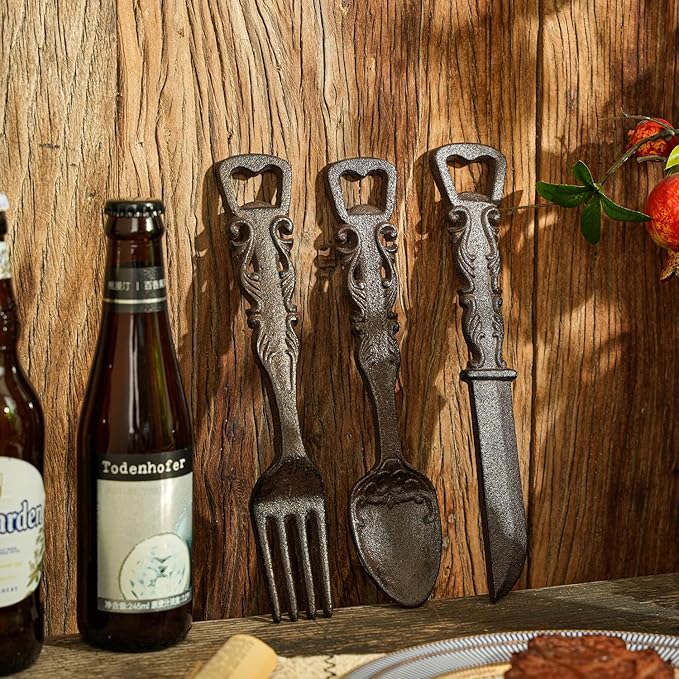 Sungmor Cast Iron Utensil Wall Décor Set with Bottle Opener - Vintage Fork, Spoon & Knife Wall Sculpture - Set of 3 Rustic Hanging Accents for Kitchen, Dining Room or Bar