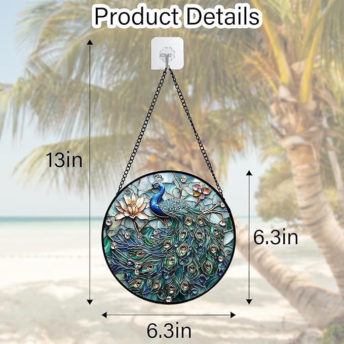 Stained Glass Window Hanging, Blue Peacock Decoration Suncatcher for Door Garden Home Flower Bird Sun Catchers Christmas Mother's Day Birthday Gifts for Women Men Mom Nana Friend 6.3 in