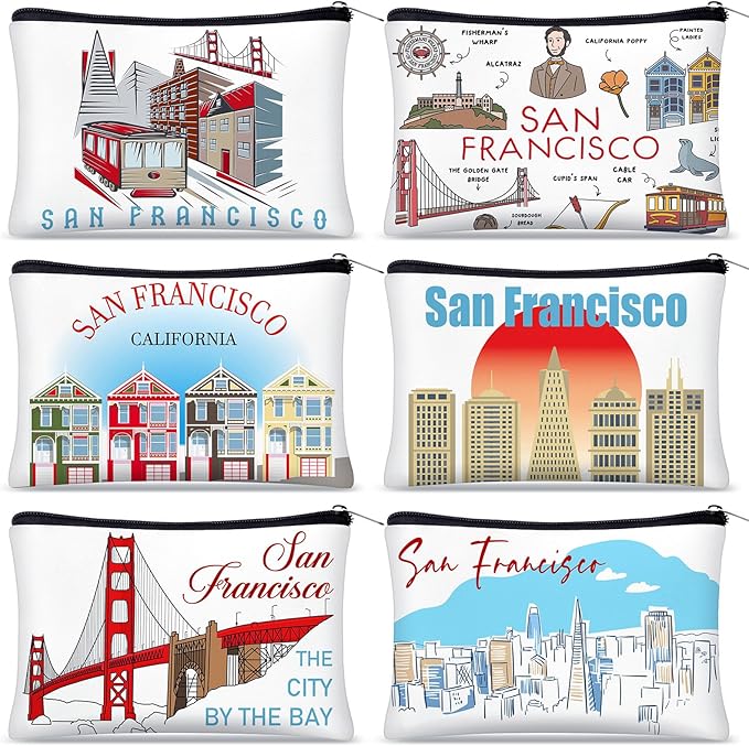 Reginary 6 Pcs City Cosmetic Bag Souvenir Gifts New York Zipper Pouch Chicago Souvenir Seattle Boston Nashville London Paris Italy Alaska Gifts Memento for Women Traveler (San Francisco)
