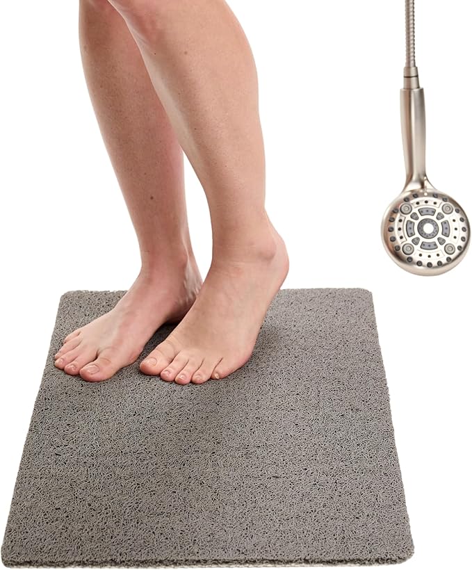 ENKOSI Loofah Non-Slip Shower and Bath Mat - Soft Cushioned Comfort - No Suction Cups for Smooth or Textured Tubs - Fast Draining - Safety for Bathroom, Family, Kids, and Elderly 24x16 (Grey)