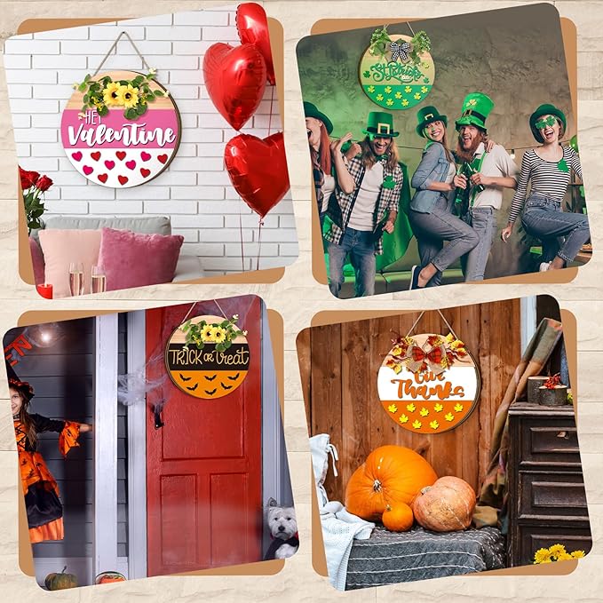 Vicenpal 22 Pcs Interchangeable Welcome Sign for Front Door with 17 Magnetic Icon Wooden Seasonal Front Porch Door Decor with 4 Seasonal Wreaths for Holiday Halloween Christmas Gift (Black,Cute)
