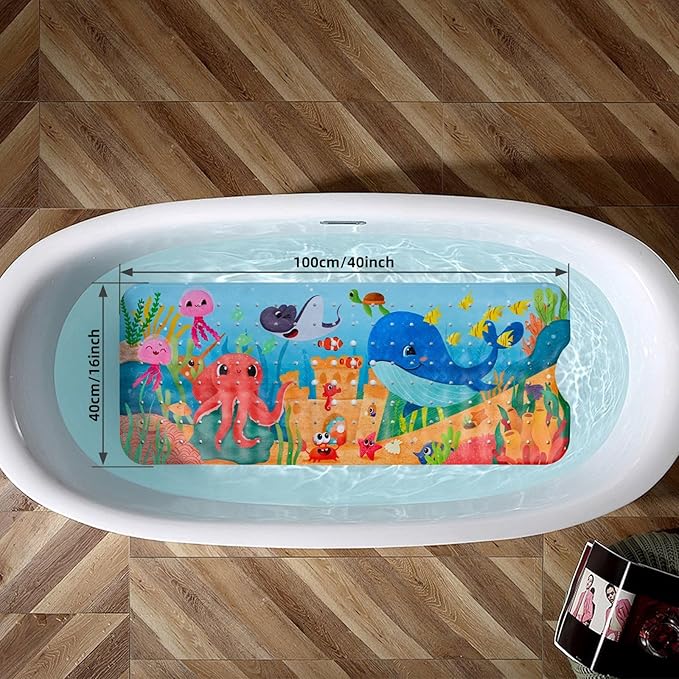 Reetual Cartoon Baby Bath Mat – Non Slip Kids Bathtub Mat for Toddlers, 40" x 16", Suction Cups & Drain Holes, Machine Washable (Whale)
