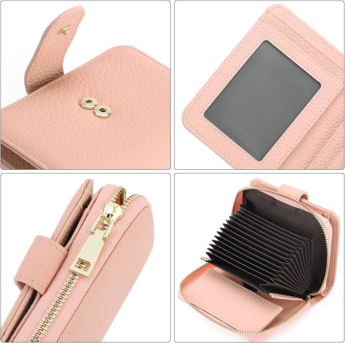 SENDEFN Small Leather Credit Card Holder Wallets for Women Bifold Zipper Pocket Purse with ID Window