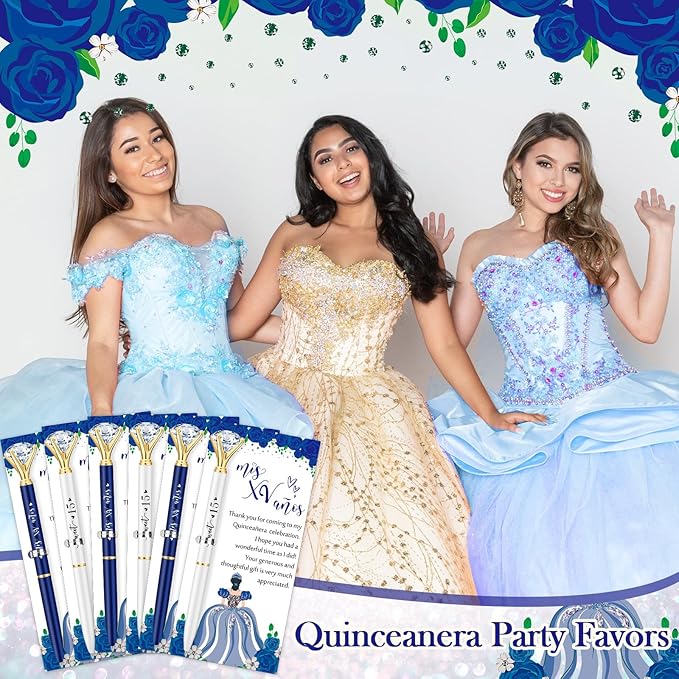 50 Set Quinceanera Party Favors for Guest Sweet 15 Diamond Pens Bulk Mis XV Años Fancy Ballpoint Pen with Thank You Cards and Ties 15th Birthday Thank You Gifts(White, Royal Blue)