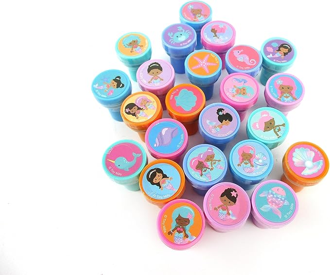 TINYMILLS 24 Pcs Rainbow Mermaid Stampers for Kids Birthday Party Goody Bag Filler Pinata Filler Mermaid Party Supplies Classroom Rewards Carnival Giveaways