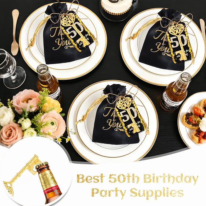 50Pcs 50th Gold Key Bottle Opener 50th Birthday Party Favors, 50th Anniversary Souvenirs Return Gifts 50th Key Beer Bottle Opener With Thank You Cards For Party Birthday Wedding Shower (50)