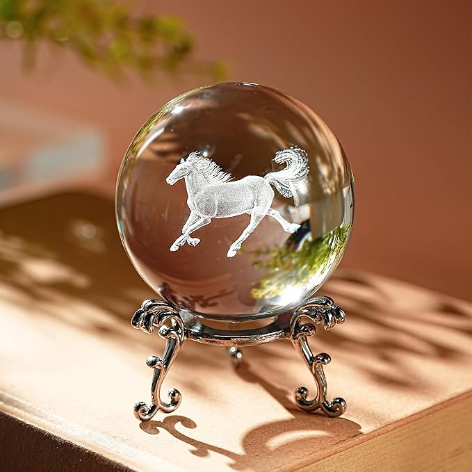 ZEERSHEE 60mm 3D Horse Crystal Ball Figurines with Stand Chinese Zodiac Glass Ball Feng Shui Sphere Home Table Decor