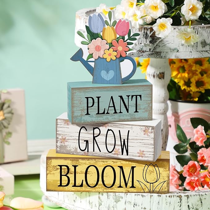 4 Pcs Spring Table Decorations Flower Wooden Signs Spring Tiered Tray Decor Wooden Flower Kettle Block Signs Pastel Table Centerpieces Decor for Home Kitchen Shelf