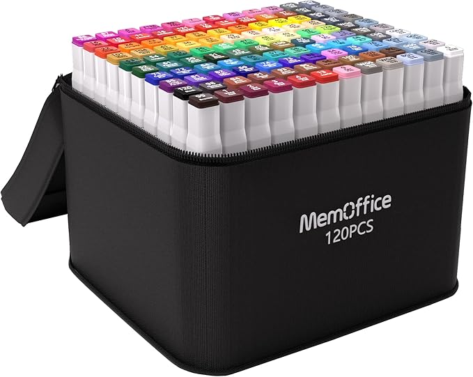 MemOffice 120 Colors Dual Tip Artist Alcohol Markers Set with Carrying Case - Perfect for Coloring, Drawing, Sketching, Card Making and Illustration - Perfect for Adults